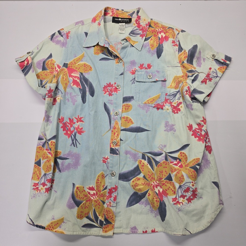Sag Harbor Sport Woman 2X Blue‎ Floral Cotton Short Sleeve Button Up Shirt Top